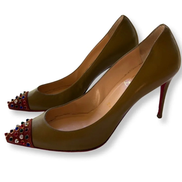 Christian Louboutin RARE Olive Green Cabo Pointed Pumps Jewelled Cap Toe EU 39.5 - Picture 6 of 15